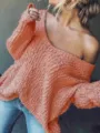 Women's oversized V-neck hollow out knit sweater long sleeve pullover casual top - Pink Orange