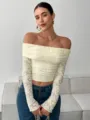 Top maniche lunghe in pizzo floreale spalle scoperte, albicocca, vestibilità slim elegante donna. - XS / Bianco avorio