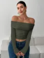Top verde scuro in pizzo floreale con spalle scoperte e maniche lunghe elegante. - XS / Verde militare