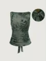 Detail view of green sheer mesh cami top with vintage butterfly flocking and tie back. - XS / Dark Green