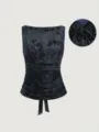 Detail of sheer mesh sleeveless top with velvet butterfly pattern and cute back bow design. - XS / Black and Gray