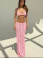 Pink knit halter bikini top and long skirt set with 3D floral details for women set. - S / Pink