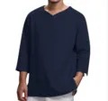 Camisa Casual de Hombre Cuello en V Manga Larga Azul Oscuro Color Sólido Top Holgado Estilo. - M / Tops / Azul Marino