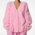 Soft pink faux mink V-neck cardigan sweater featuring loose long sleeves and button closure. - S / Pink