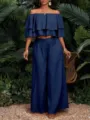 Blaues schulterfreies, gestuftes Crop-Top und hochtaillierte weite Hosen im Resort-Set für Damen - Marineblau