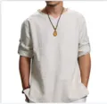Hombre Casual Lino Manga Corta Cuello V Color Sólido Suelto Camisa Variante Beige - Blanco Roto