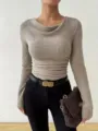 Ribbed knit long sleeve sweater top detail, slim fit style, casual autumn wear for women. - S / Khaki