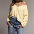 Soft fuzzy cardigan detail, cozy V-neck knitwear, stylish long sleeve casual sweater garment view. - S / Yellow