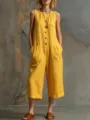 Women casual vintage sleeveless linen cropped wide leg jumpsuit in vibrant yellow color - S / Yellow
