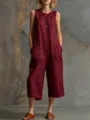 Detail shot of a women's sleeveless cotton linen cropped wide leg jumpsuit in burgundy. - S / Burgundy