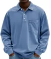 Camisa polo de manga larga lavada azul vintage para hombre con solapa y bolsillo. - S / Azul