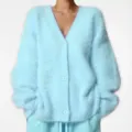 Light blue fuzzy mohair cardigan, cozy V-neck loose knitwear sweater for women winter. - S / Sky Blue