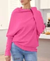 Femme pull en tricot col rond manches longues unicolore confortable mode tendance - Taille unique / Rose brillant
