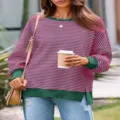 Waffelstrick gestreift Langarm Rundhals Sweatshirt für modische Damen im Alltag. - S / Orangerot