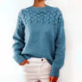 Pull en tricot torsadé bleu pour femme, haut d'hiver ample à manches longues et col rond. - Pull Ras Du Cou Bleu Ciel #98666 / S