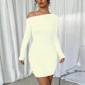 Femme robe moulante froncée à manches longues et épaules dénudées élégante robe de soirée - S / Robes / Abricot
