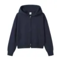 Autumn 350g women's short full-zip hooded sweatshirt loose casual solid cardigan top. - Navy Blue