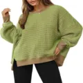 Grüner Waffelstrick Langarm-Pullover mit Rundhalsausschnitt, Seitenschlitz und Bündchen. - S / Gelbgrün
