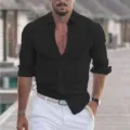 Men's casual long sleeve linen shirt solid color beach holiday top breathable summer fashion - S / Black