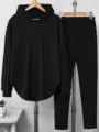 Mujer color sólido plisado manga larga sudadera con capucha pantalón conjunto - S / Top y Pantalones / Negro
