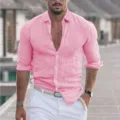 Detail view of men's long sleeve cotton linen solid color beach shirt for summer holidays. - S / Pink