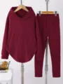 Women solid color long sleeve hooded sweatshirt pants two piece set autumn winter casual loungewear - S / Top And Bottom / Burgundy