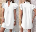Donna abito bianco collo a V maniche a volant mini abito estivo casual moda vestito - Bianco
