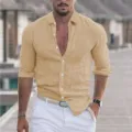 Detailed view of the casual men long sleeve linen shirt, outdoor beach resort scene style. - S / Khaki