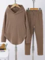 Detail view of the brown ribbed hooded sweatshirt and matching lounge pants set, soft texture. - S / Top And Bottom / Khaki