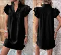 Abito corto donna estivo nero maniche volants multistrato collo V casual dettaglio - Nero