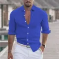 Men's long sleeve cotton linen lapel beach shirt in solid color, perfect for summer casual holiday. - S / Blue