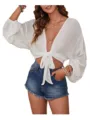 White tie front crop top beach cover up long sleeve sexy V neck casual shirt for women - S / White