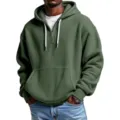 Sudadera con capucha para hombre de tejido gofrado con cremallera corta y bolsillo frontal. - S / Verde Militar