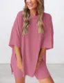 Women casual loose solid color short sleeve top and shorts two piece set for spring summer. - XS / Set / Pink