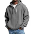 Men's waffle knit quarter zip hoodie, casual solid color long sleeve hooded sweatshirt. - Gray