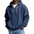Men's Waffle Knit Quarter Zip Hooded Sweatshirt Solid Color Casual Loose Pullover Top - Dark Blue