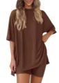 Women casual ribbed short sleeve top and shorts lounge set solid color two piece outfit - XS / Top And Bottom / Coffee