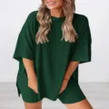 Detail view of the solid dark green loose casual short sleeve and shorts set outfit. - XS / Set / Dark Green