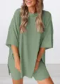 Casual solid color crew neck short sleeve shorts set detail view for comfortable daily wear. - XS / Set / Light Green