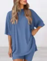Conjunto casual liso de cuello redondo manga corta y pantalones cortos para mujer, tejido acanalado. - XS / Conjuntos / Azul