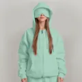 Felpa con cappuccio verde menta con mascherina integrata, set manica lunga caldo autunnale. - Taglia S / Top / Verde chiaro