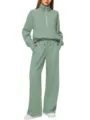 Detail view of the green half-zip sweatshirt and wide-leg sweatpants set, casual chic style. - S / Top And Bottom / Bean Green