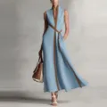 Elegant light blue sleeveless maxi dress with brown contrast trim and wrap belt for women. - S / Dresses / Blue