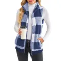 Blue and white checkered fleece vest detail, cozy stand collar, full zip casual outerwear. - Blue