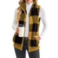 Close-up detail of women's yellow black buffalo plaid fleece zip-up vest winter warm outerwear. - Yellow