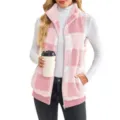 Women Pink Plaid Sherpa Vest Stand Collar Zip Up Sleeveless Fleece Casual Winter Outerwear - Pink