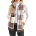 Brown and white plaid fleece vest featuring a cozy stand collar, zip-up front, and pockets. - S / Tops / Khaki