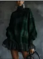 Green plaid ruffle long sleeve mini dress variant, elegant spring chic women outfit choice. - S / Green Plaid