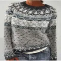 Detailed view of women casual crewneck knitted sweater with nordic geometric pattern. - S / Geometric Colorblock Style (8719) / Multicolor