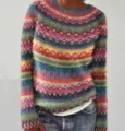 Close-up detail of the colorful geometric patterned knit sweater, showing soft texture. - S / Tops / Rose Red